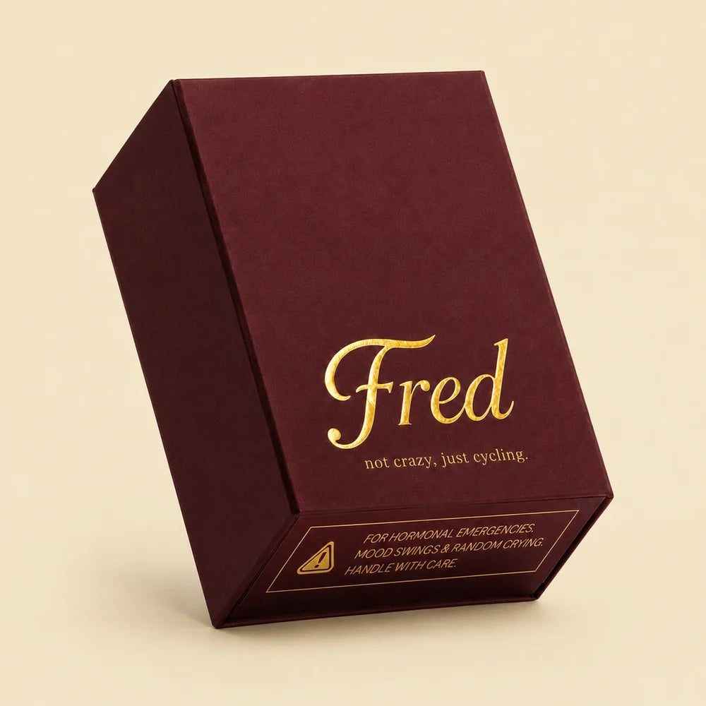 the fred box in deep burgundy with gold foil